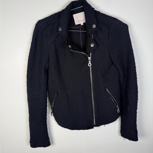 Rebecca Taylor Black Boucle Moto Jacket Cropped Asymmetric Zip - Picture 2 of 7